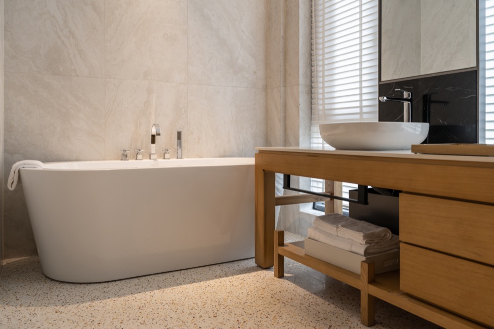 Modern bathroom with a vanity and bathtub
