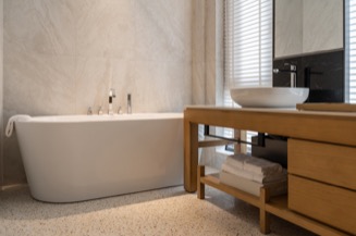 Modern bathroom with a vanity and bathtub